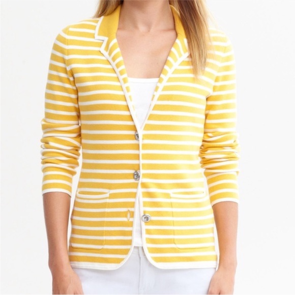 Banana Republic Sweater Blazer Jacket yellow white stripe women’s size medium - Picture 1 of 5